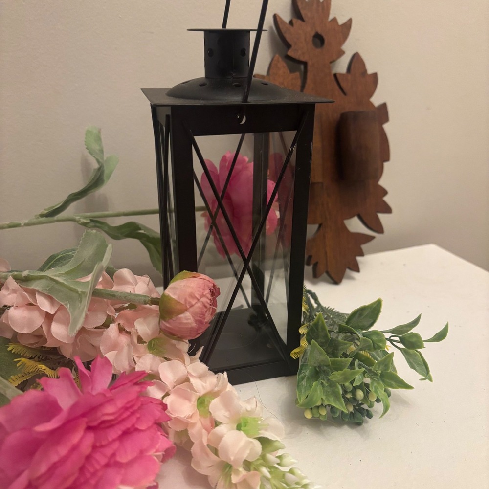 Black Metal Glass Lantern Tea Light Candle Holder Farmhouse Decor 7 Inch